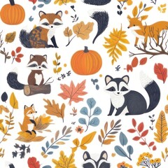 Cute Autumn Animals and Leaves Pattern