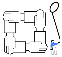 Obraz premium Interconnected hands forming a square with a stylized figure holding a tool. Ideal for themes of teamwork, unity, collaboration, cooperation, support, partnership, and joint effort. Simple abstract
