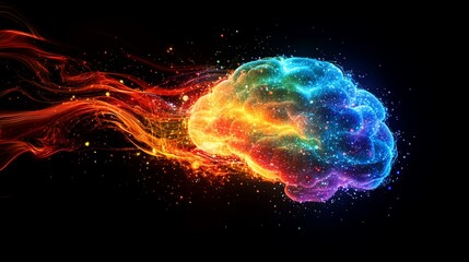 Vibrant brain concept artwork with flames and colorful cosmic energy on black