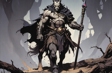 Heroic Fantasy Portrait of a Ruinborn Centaur as a Fallen Guardian Mastering Dark Magic with Cursed Steel in a Mystical Realm Enchanted Warrior with Powerful Abilities Fantasy Art Character Design Mys