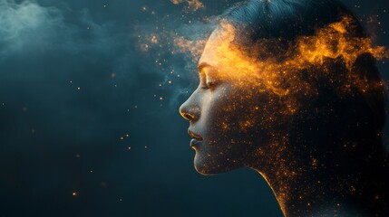 Empowered Mindset: Portrait of a Woman with Abstract Cosmic Elements Representing Creativity and Inspiration