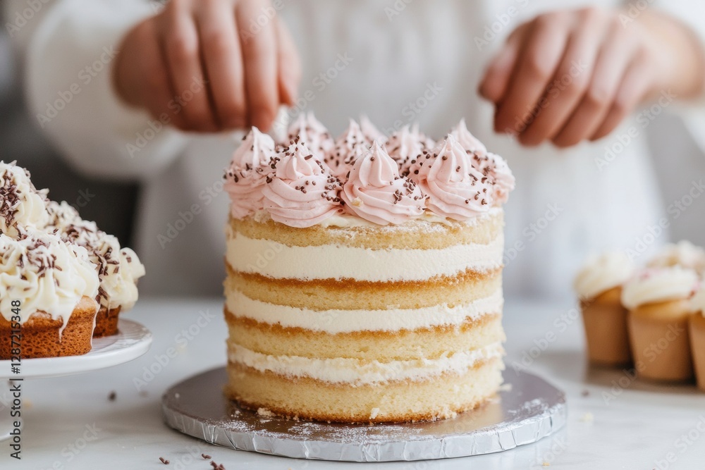 Poster creating a decorative cake with pink frosting and chocolate sprinkles in a cozy kitchen. generative 