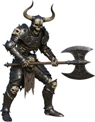 Grim Skeletal Warrior in Dark Armor wielding a battle axe 3D Render