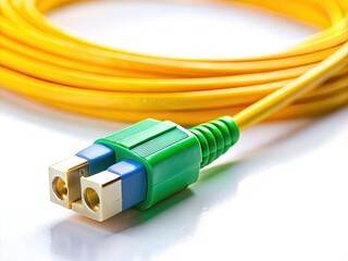 High-resolution macro shot: white background showcases a tilted fiber optic patch cord.  Intricate detail.