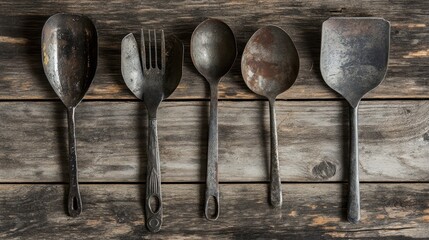 Rustic Vintage Kitchen Utensils on Wooden Background