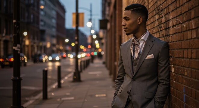 Urban evening style: elegantly dressed man in city street