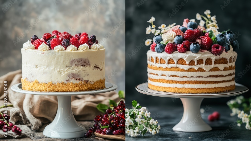 Poster deliciously designed layer cakes topped with fresh berries displayed on a elegant stand. generative 