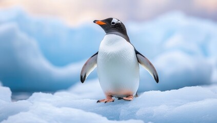 Fototapeta premium Gentoo penguin stands on icy platform against blurred glacial backdrop in antarctica nature scene