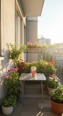 Naklejka premium Urban balcony garden with colorful flowers and cozy seating