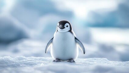 Obraz premium Adorable emperor penguin chick standing proudly on a snow covered antarctic landscape in soft light