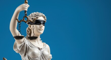 Obraz premium Blindfolded justice statue with scales against blue background