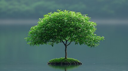 Tranquil solitude, Serene tree on a tiny island reflecting in calm water