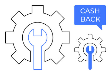 Wrench inside a gear next to a speech bubble with Cash Back text. Ideal for maintenance, repair, service reward, customer benefits, financial incentives, promotional offers, machinery upkeep