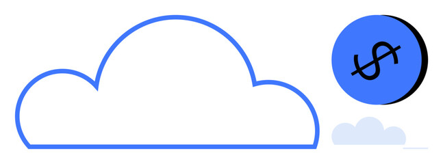 Large outlined cloud with blue dollar sign coin, small cloud below. Ideal for cloud computing, data storage, cost efficiency, internet services, online security, technology investments, fintech