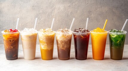 Variety of iced drinks in plastic cups on a light surface.