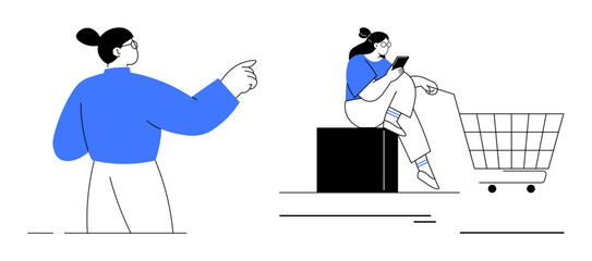 Woman points forward while another sits on a box, engaging with a digital device beside a shopping cart. Ideal for technology, lifestyle, shopping, online behavior, e-commerce, user interaction
