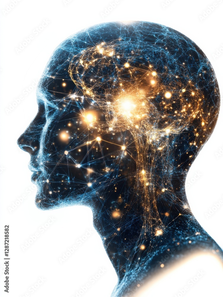 Poster Profile of a human head showcases intricate neural connections and glowing synapses, depicting advances in artificial intelligence and cybernetics