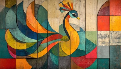 Vibrant peacock mosaic a symphony of geometric shapes and colorful wood textures creating a whimsical avian art