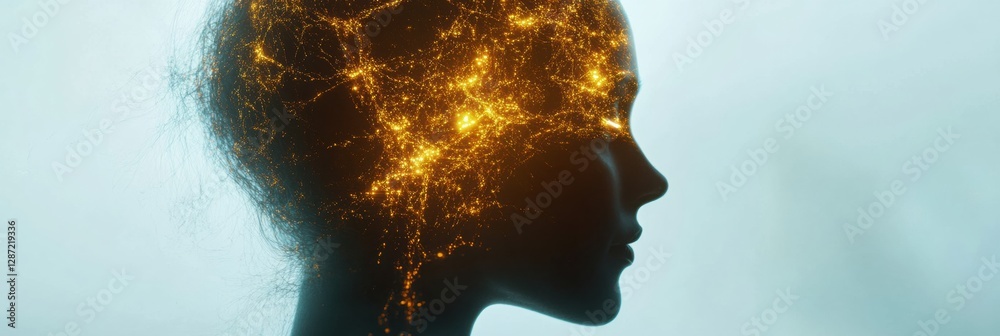 Poster Complex neural connections and glowing synapses illustrate artificial intelligence in a human head profile. Generative AI