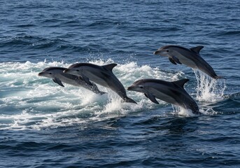 Fototapeta premium Four dolphins leaping gracefully over ocean waves in a stunning synchronized display
