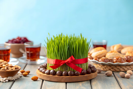 Traditional nowruz table setting with fresh green wheatgrass sweets and tea, symbolizing growth, renewal and happiness in persian culture