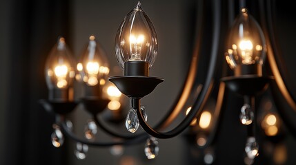 Elegant black chandelier glows in dark room