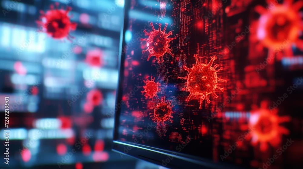 Poster red virus models moving on a computer screen showing a cyber attack on a blurred server room backgro