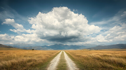 Country road leads to mountains under a large cloud