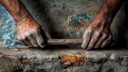 "Close-Up of Hands Holding a Metal Rod During Manual Labor
