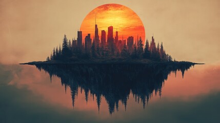 Naklejka premium Surreal Sunset Over Urban Forest Landscape