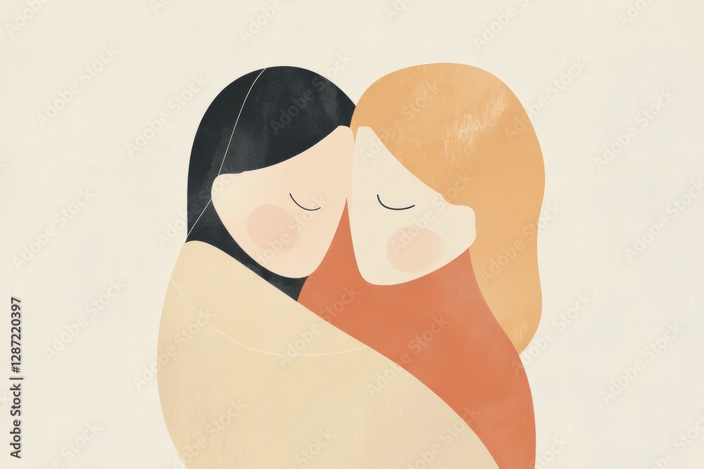 Poster two people sharing a warm embrace in a minimalist illustration evoking feelings of connection and in
