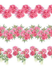 Watercolor set with seamless rim with bouquet pink peony summer flower on white background. Hand-drawn floral plant border with green leaves. Wedding invite celebration frame. Wallpaper or wrapping