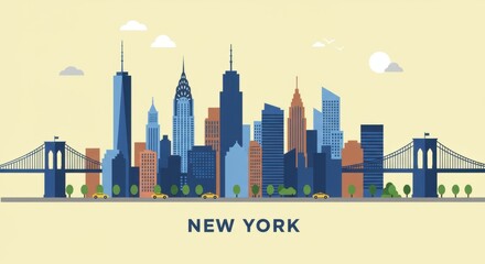 Modern flat design illustration of new york city skyline with iconic bridges