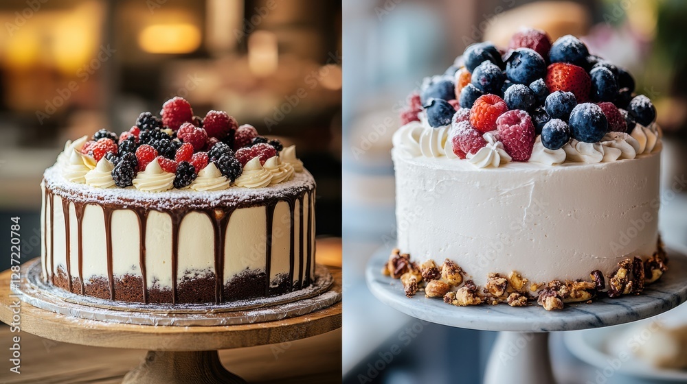 Poster delicious desserts featuring layered chocolate cake and berry topped vanilla cake in a bakery settin