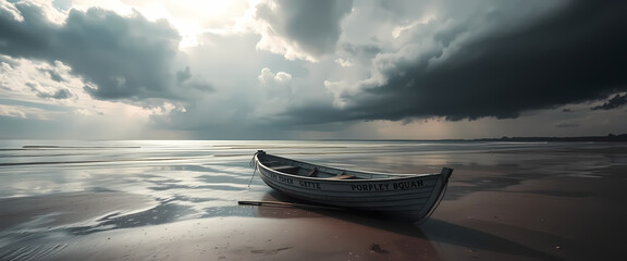 Rowboat on beach with approaching storm. Use Environment, weather, solitude