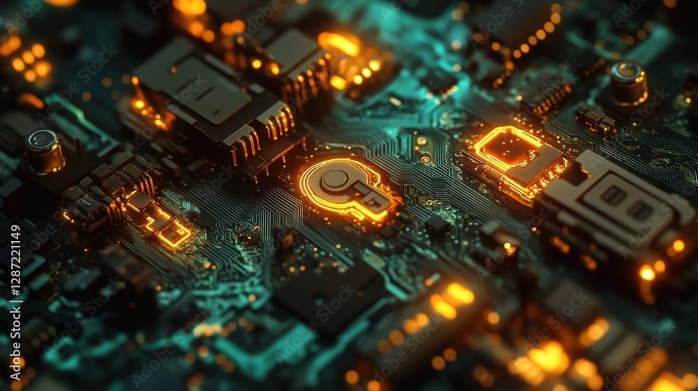 Aufkleber glowing key shaped padlock embedded in a computer motherboard represents cybersecurity and data prot