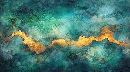 Abstract art of gold vein in teal, blue, and green watercolor wash.