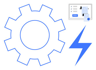 Large blue gear, lightning bolt, and digital invoice with PAY hinting at automation. Ideal for technology, billing software, energy management, financial transactions, digital solutions, business