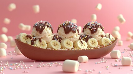 Chocolate boat dessert, ice cream, banana, sprinkles, marshmallows, pink background, studio shot, food photography