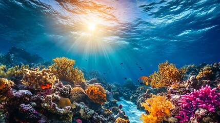 Underwater view of coral reef with fishes and rays of light.