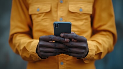 Man using phone outdoors, urban background, texting