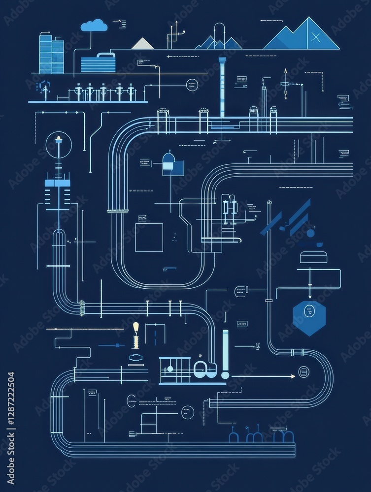 Poster gas pipeline flow diagram showing network layout and connections in a minimalist style. generative a