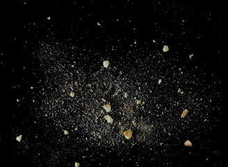 Ladyfinger savoiardi biscuit broken with crumbs, isolated on black, clipping path