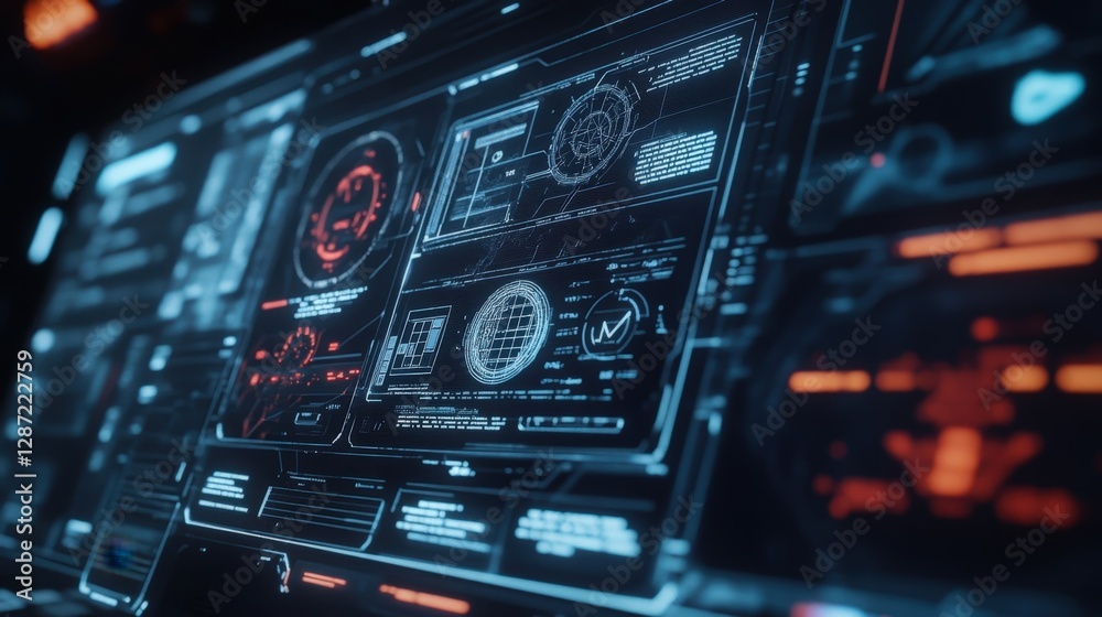 Poster futuristic interface displaying complex data analysis and cyber security information, featuring char
