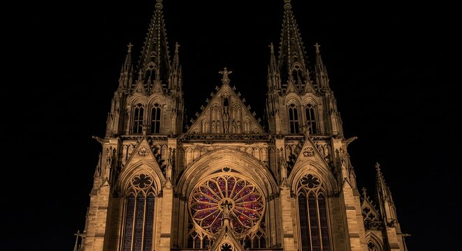 Illuminated Cathedral Facade at Night with Stained Glass Window View