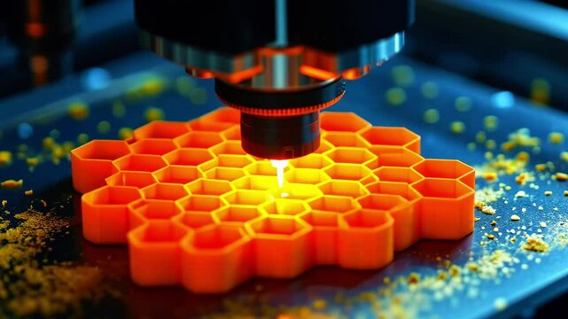 Close-up of a 3D printer creating a vibrant orange honeycomb structure with fine details in a workshop