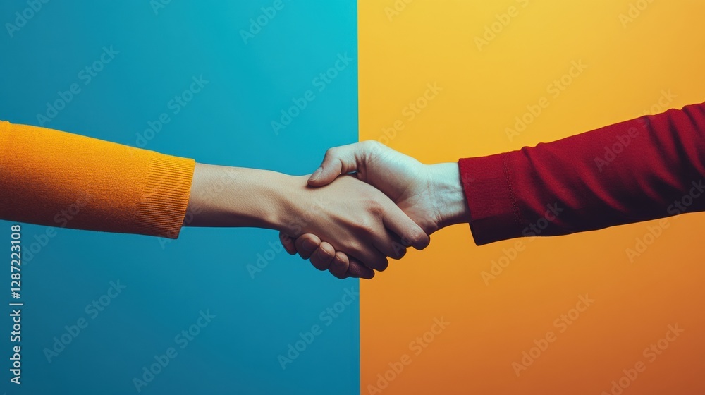 Aufkleber hands shake firm between two individuals on a colorful background with contrasting blue and orange h