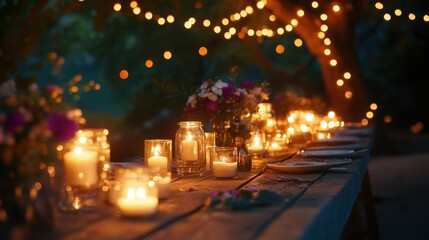 Illuminated table displays an elegant and romantic outdoor dinner scene