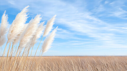 Obraz premium Pampas grass swaying in a field under a blue sky; nature background
