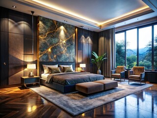 Naklejka premium Opulent dark marble bedroom, bathed in night's soft glow.